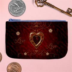 Wonderful Hearts With Floral Elemetns, Gold, Red Large Coin Purse by FantasyWorld7