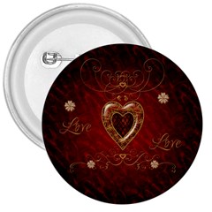 Wonderful Hearts With Floral Elemetns, Gold, Red 3  Buttons by FantasyWorld7