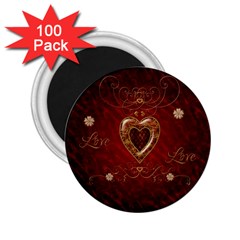 Wonderful Hearts With Floral Elemetns, Gold, Red 2 25  Magnets (100 Pack)  by FantasyWorld7