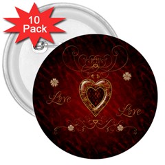 Wonderful Hearts With Floral Elemetns, Gold, Red 3  Buttons (10 Pack)  by FantasyWorld7