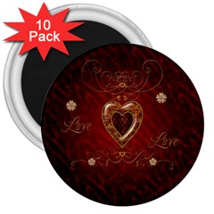 Wonderful Hearts With Floral Elemetns, Gold, Red 3  Magnets (10 Pack)  by FantasyWorld7