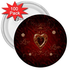 Wonderful Hearts With Floral Elemetns, Gold, Red 3  Buttons (100 Pack)  by FantasyWorld7