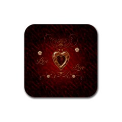 Wonderful Hearts With Floral Elemetns, Gold, Red Rubber Square Coaster (4 Pack)  by FantasyWorld7