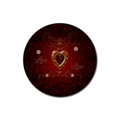 Wonderful Hearts With Floral Elemetns, Gold, Red Rubber Round Coaster (4 Pack)  by FantasyWorld7