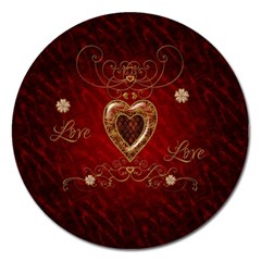 Wonderful Hearts With Floral Elemetns, Gold, Red Magnet 5  (round) by FantasyWorld7