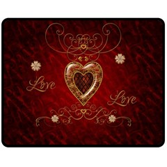 Wonderful Hearts With Floral Elemetns, Gold, Red Fleece Blanket (medium)  by FantasyWorld7