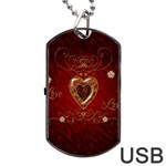 Wonderful Hearts With Floral Elemetns, Gold, Red Dog Tag USB Flash (Two Sides) Front