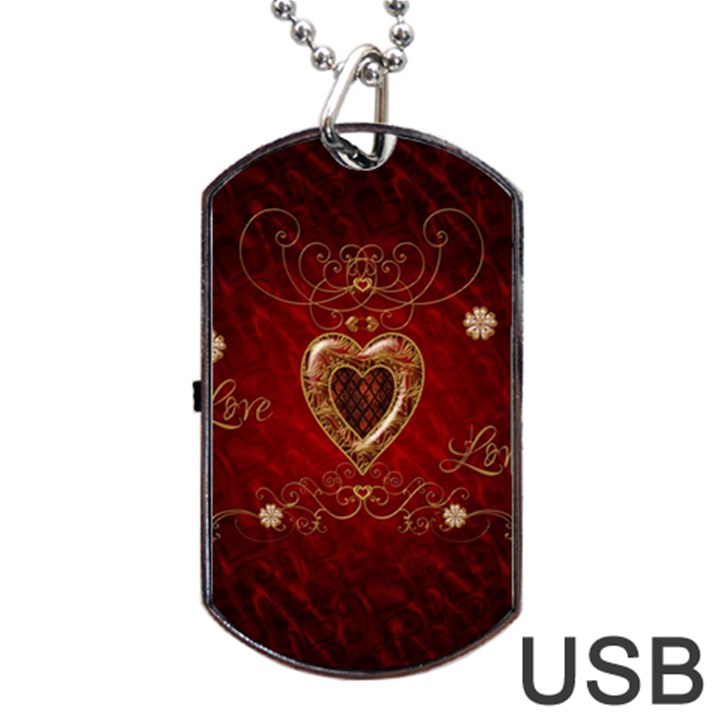 Wonderful Hearts With Floral Elemetns, Gold, Red Dog Tag USB Flash (Two Sides)