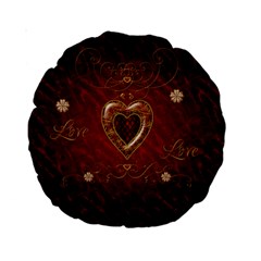 Wonderful Hearts With Floral Elemetns, Gold, Red Standard 15  Premium Round Cushions by FantasyWorld7