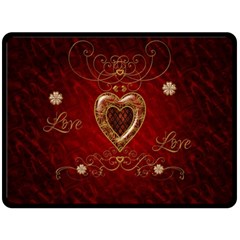 Wonderful Hearts With Floral Elemetns, Gold, Red Double Sided Fleece Blanket (large)  by FantasyWorld7