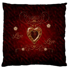 Wonderful Hearts With Floral Elemetns, Gold, Red Large Flano Cushion Case (one Side) by FantasyWorld7