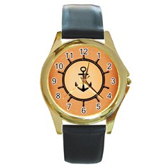 Nautical Anchor Marine Ocean Sea Round Gold Metal Watch