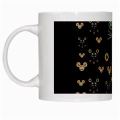 Merry Black Cat In The Night And A Mouse Involved Pop Art White Mugs by pepitasart