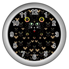 Merry Black Cat In The Night And A Mouse Involved Pop Art Wall Clocks (silver)  by pepitasart