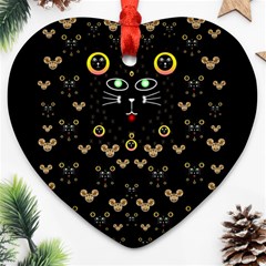 Merry Black Cat In The Night And A Mouse Involved Pop Art Heart Ornament (two Sides) by pepitasart