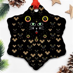 Merry Black Cat In The Night And A Mouse Involved Pop Art Ornament (snowflake) by pepitasart