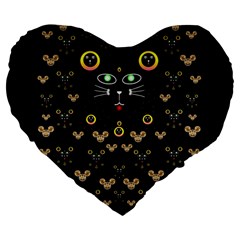 Merry Black Cat In The Night And A Mouse Involved Pop Art Large 19  Premium Flano Heart Shape Cushions by pepitasart