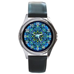 Mandala Blue Abstract Circle Round Metal Watch by Celenk