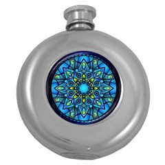 Mandala Blue Abstract Circle Round Hip Flask (5 Oz) by Celenk