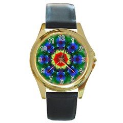 Fractal Digital Mandala Floral Round Gold Metal Watch