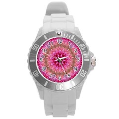 Flower Mandala Art Pink Abstract Round Plastic Sport Watch (l) by Celenk