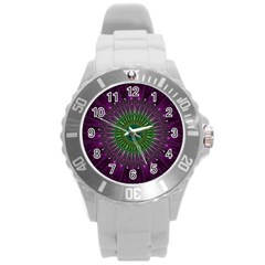 Purple Mandala Fractal Glass Round Plastic Sport Watch (l) by Celenk