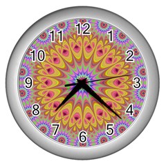 Geometric Flower Oriental Ornament Wall Clocks (silver)  by Celenk