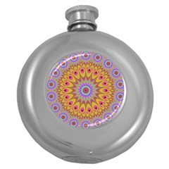 Geometric Flower Oriental Ornament Round Hip Flask (5 Oz) by Celenk