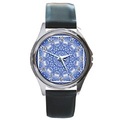 Blue Mandala Kaleidoscope Round Metal Watch by Celenk