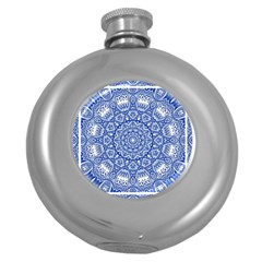 Blue Mandala Kaleidoscope Round Hip Flask (5 Oz) by Celenk