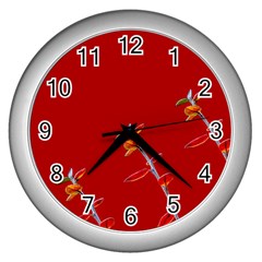 Red Background Paper Plants Wall Clocks (silver)  by Celenk