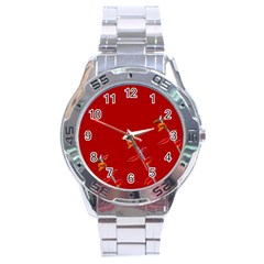 Red Background Paper Plants Stainless Steel Analogue Watch by Celenk