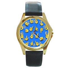 Emojis Hands Fingers Background Round Gold Metal Watch by Celenk