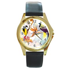 Exotic Birds Of Paradise And Flowers Watercolor Round Gold Metal Watch by TKKdesignsCo