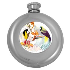 Exotic Birds Of Paradise And Flowers Watercolor Round Hip Flask (5 Oz) by TKKdesignsCo