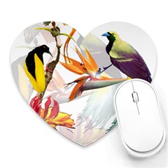 Exotic Birds Of Paradise And Flowers Watercolor Heart Mousepads by TKKdesignsCo