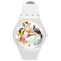 Exotic Birds Of Paradise And Flowers Watercolor Round Plastic Sport Watch (m)