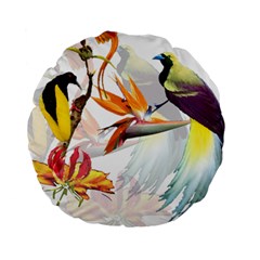 Exotic Birds Of Paradise And Flowers Watercolor Standard 15  Premium Round Cushions by TKKdesignsCo