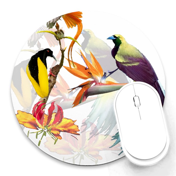 Exotic Birds of Paradise and Flowers Watercolor Round Mousepads