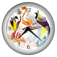 Exotic Birds Of Paradise And Flowers Watercolor Wall Clocks (silver)  by TKKdesignsCo