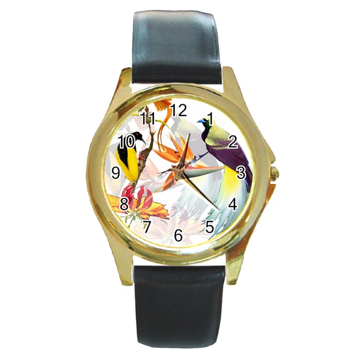 Exotic Birds of Paradise and Flowers Watercolor Round Gold Metal Watch