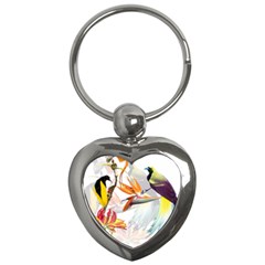 Exotic Birds Of Paradise And Flowers Watercolor Key Chains (heart)  by TKKdesignsCo