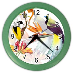 Exotic Birds Of Paradise And Flowers Watercolor Color Wall Clocks by TKKdesignsCo