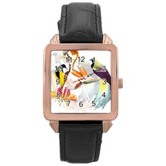 Exotic Birds Of Paradise And Flowers Watercolor Rose Gold Leather Watch  by TKKdesignsCo