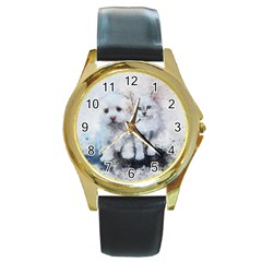 Cat Dog Cute Art Abstract Round Gold Metal Watch by Celenk