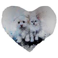 Cat Dog Cute Art Abstract Large 19  Premium Flano Heart Shape Cushions by Celenk