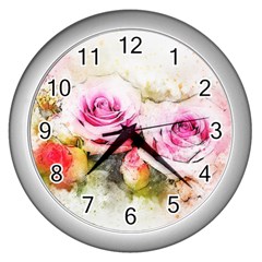 Flower Roses Art Abstract Wall Clocks (silver)  by Celenk