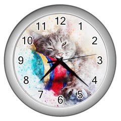 Cat Kitty Animal Art Abstract Wall Clocks (silver)  by Celenk