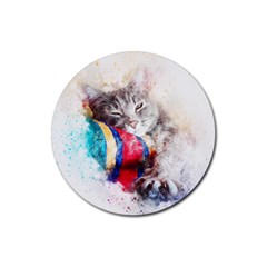 Cat Kitty Animal Art Abstract Rubber Coaster (round)  by Celenk