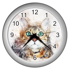 Cat Animal Art Abstract Watercolor Wall Clocks (silver)  by Celenk